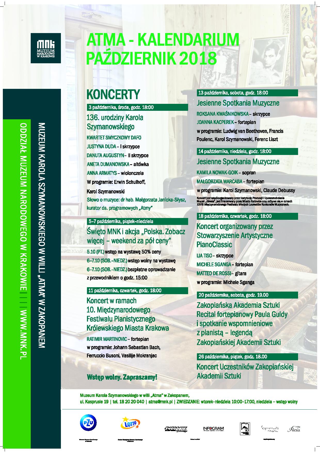 Afisz koncery w Atmie 10.2018 Zakopane